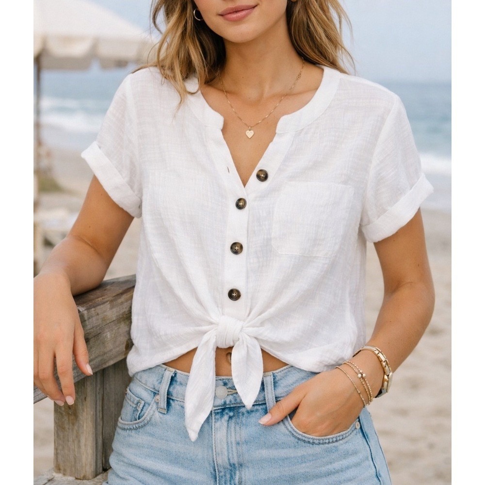 Cable & Gauge White Cotton Blouse | Short Sleeve Button Tie Front | M